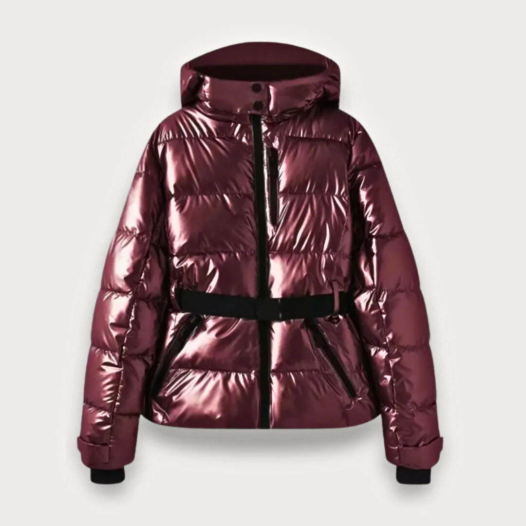 Women's Puffer Jacket with Attached Hood and Waist Belt Buckle