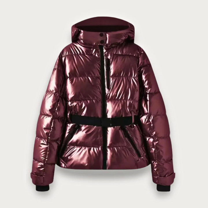 Women's Puffer Jacket with Attached Hood and Waist Belt Buckle