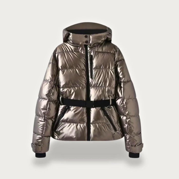 Women's Puffer Jacket with Attached Hood and Waist Belt Buckle