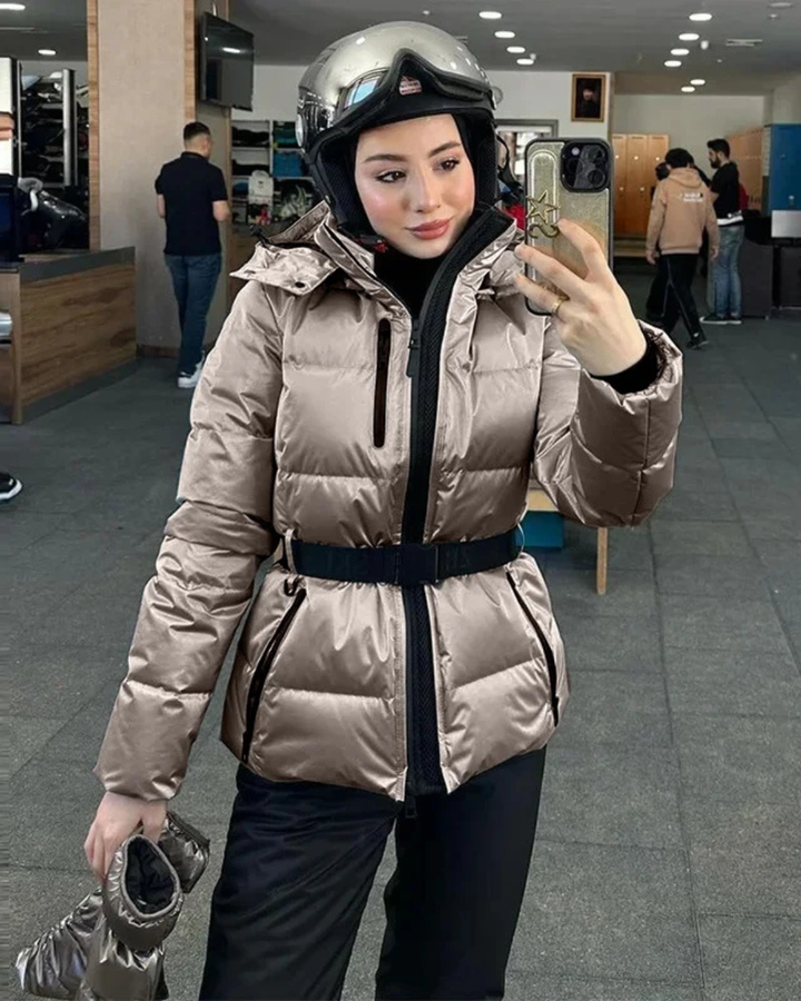 Women's Puffer Jacket with Attached Hood and Waist Belt