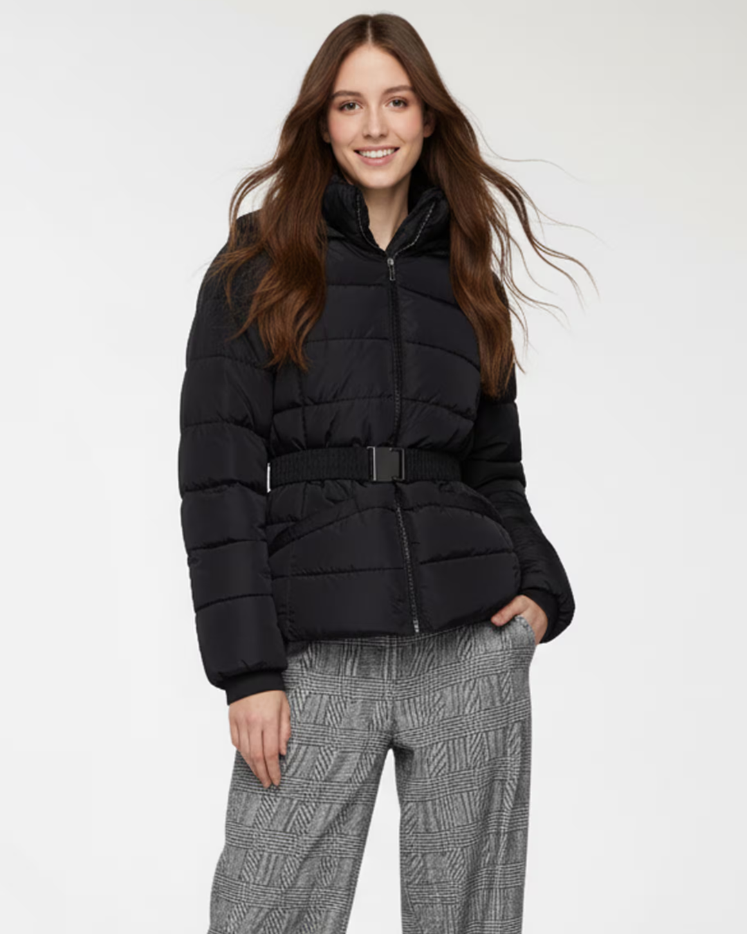 Women's Puffer Jacket with Attached Hood and Waist Belt
