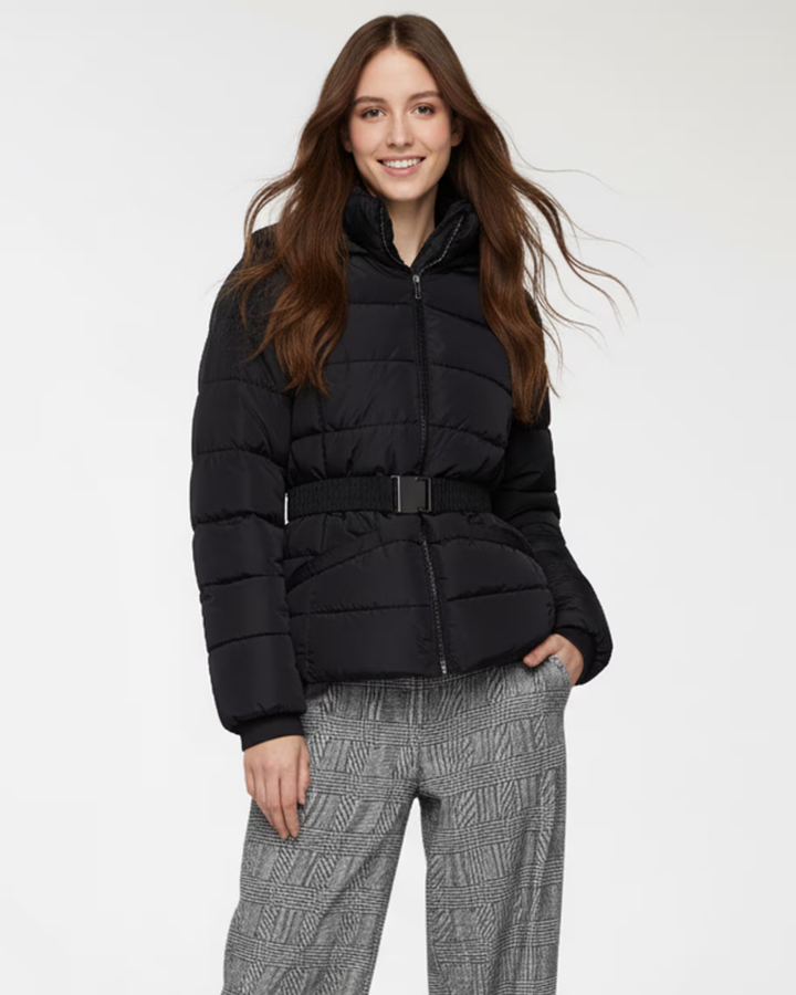 Women's Puffer Jacket with Attached Hood and Waist Belt