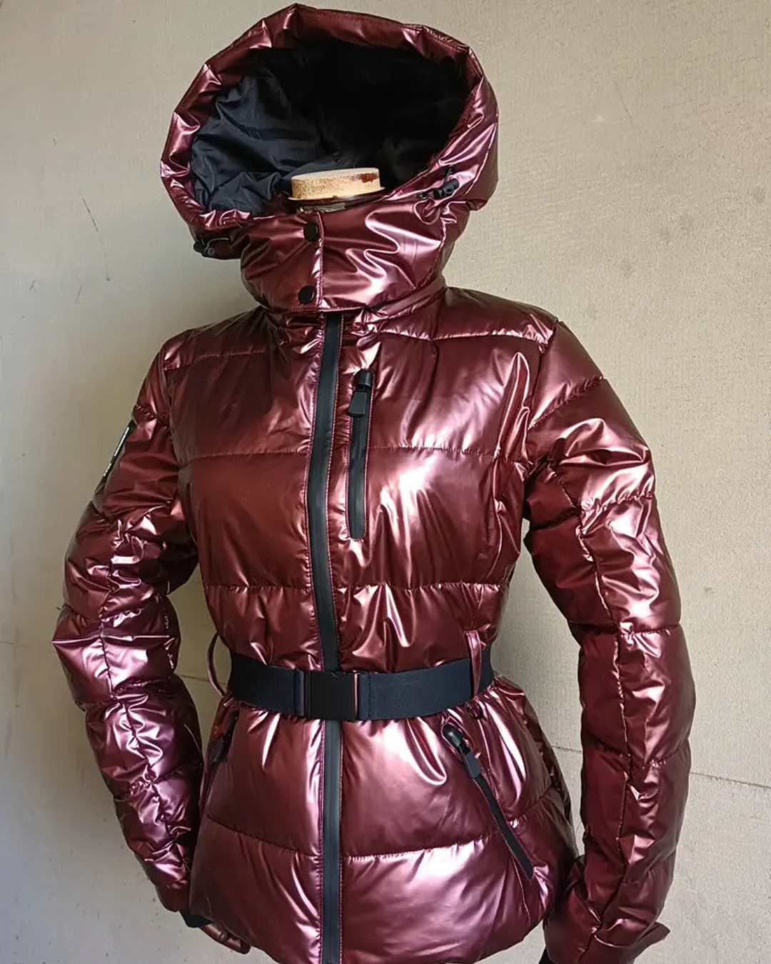 Women's Puffer Jacket with Attached Hood and Waist Belt