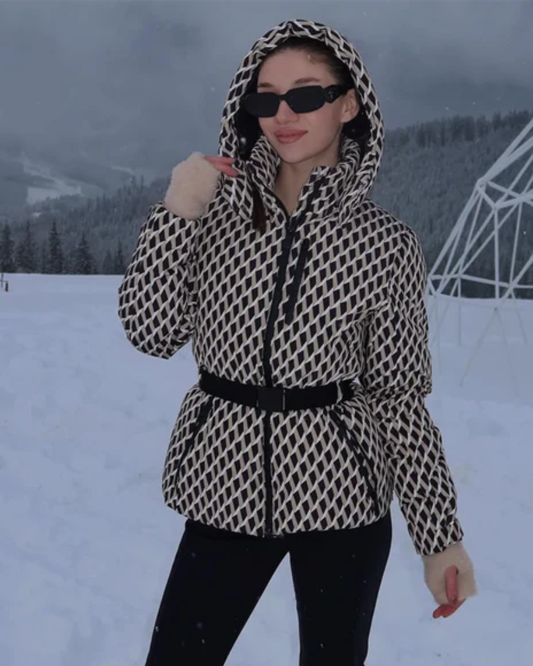 Women's Puffer Jacket with Attached Hood and Waist Belt