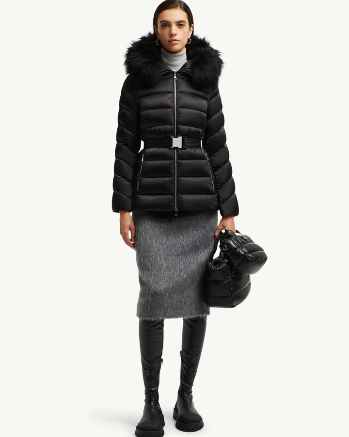 Women's Puffer Jacket with Detachable Faux Fur Collar and Waist Belt