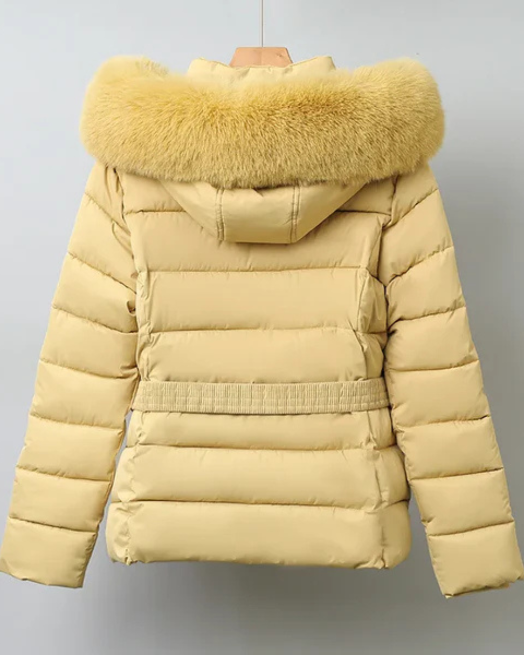 Women's Puffer Jacket with Detachable Faux Fur Collar and Waist Belt