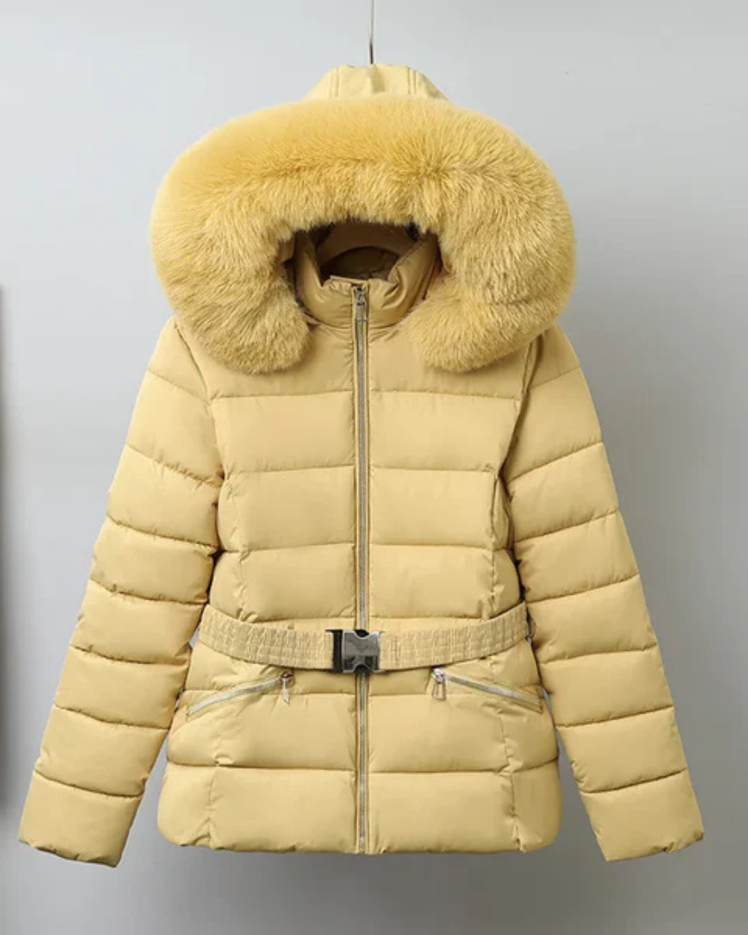 Women's Puffer Jacket with Detachable Faux Fur Collar and Waist Belt
