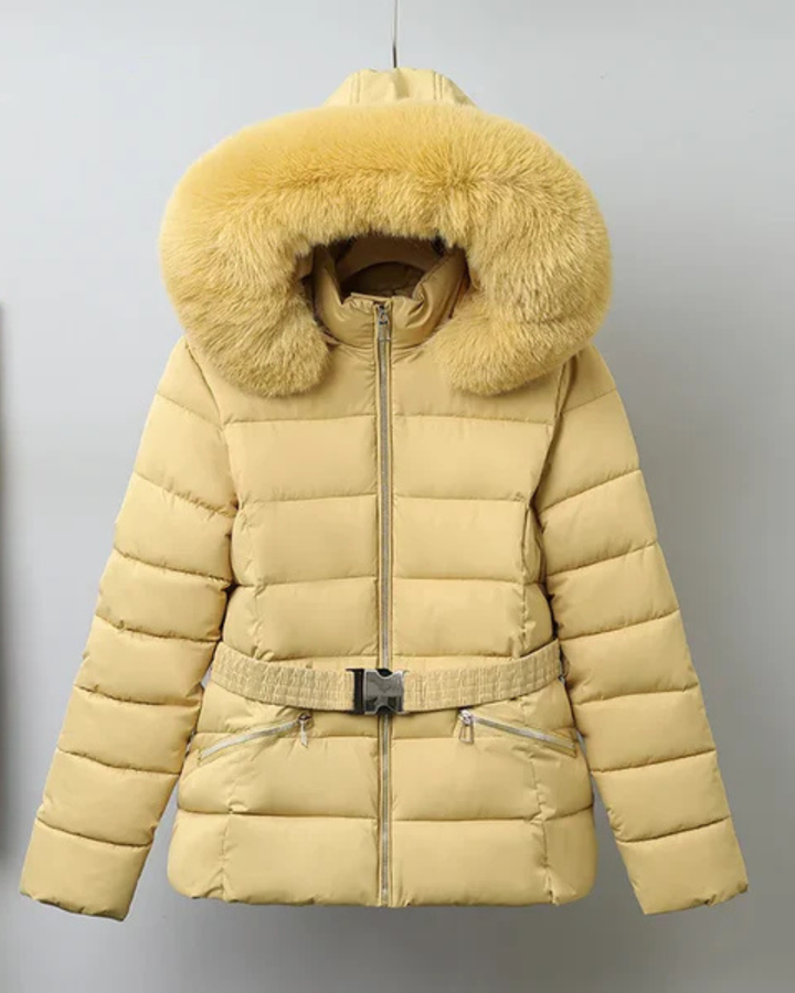 Women's Puffer Jacket with Detachable Faux Fur Collar and Waist Belt