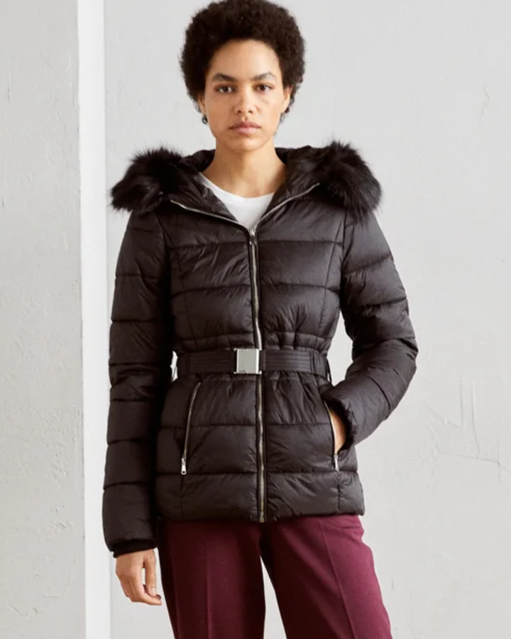 Women's Puffer Jacket with Detachable Faux Fur Collar and Waist Belt