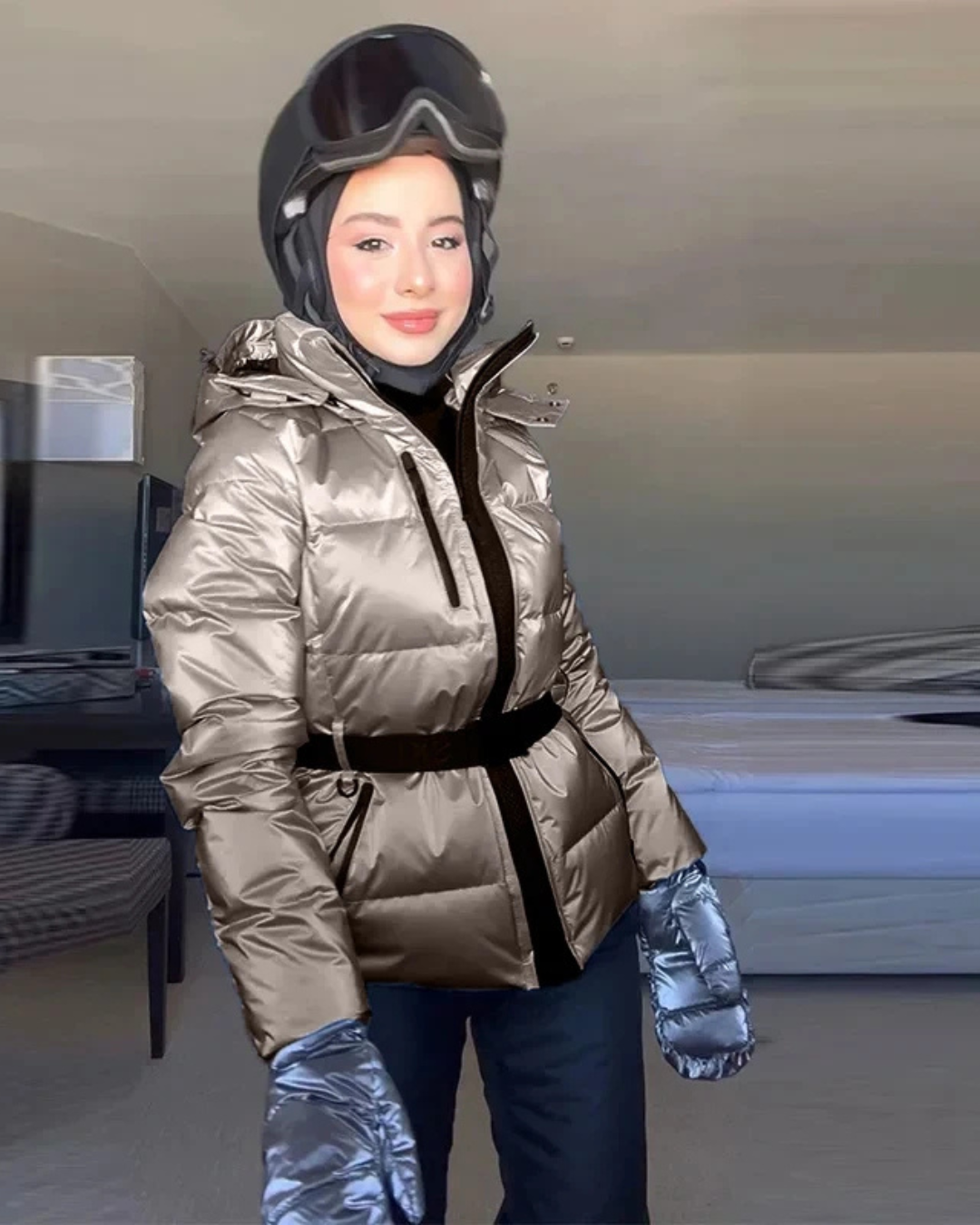 Women's Puffer Jacket with High Collar and Waist Belt