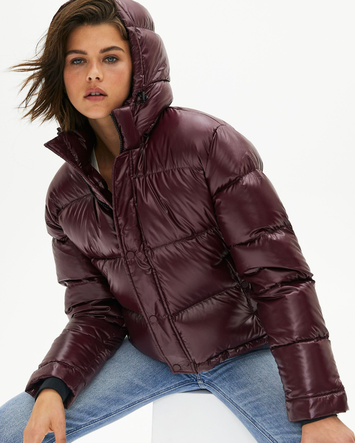 Women's Puffer Jacket with High Collar and Waist Belt