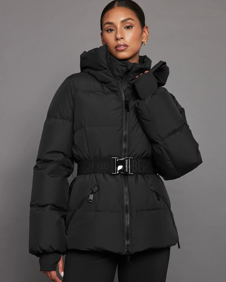 Women's Puffer Jacket with High Collar and Waist Belt