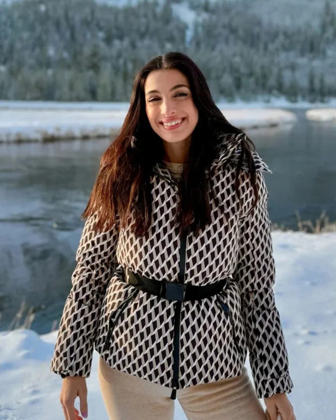 Women's Puffer Jacket with High Collar and Waist Belt