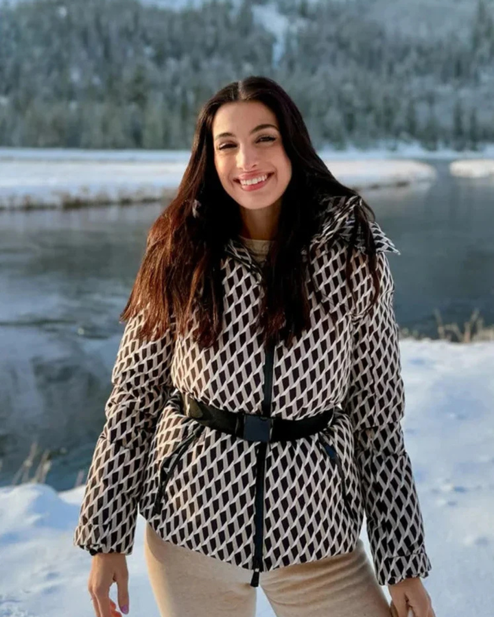 Women's Puffer Jacket with High Collar and Waist Belt