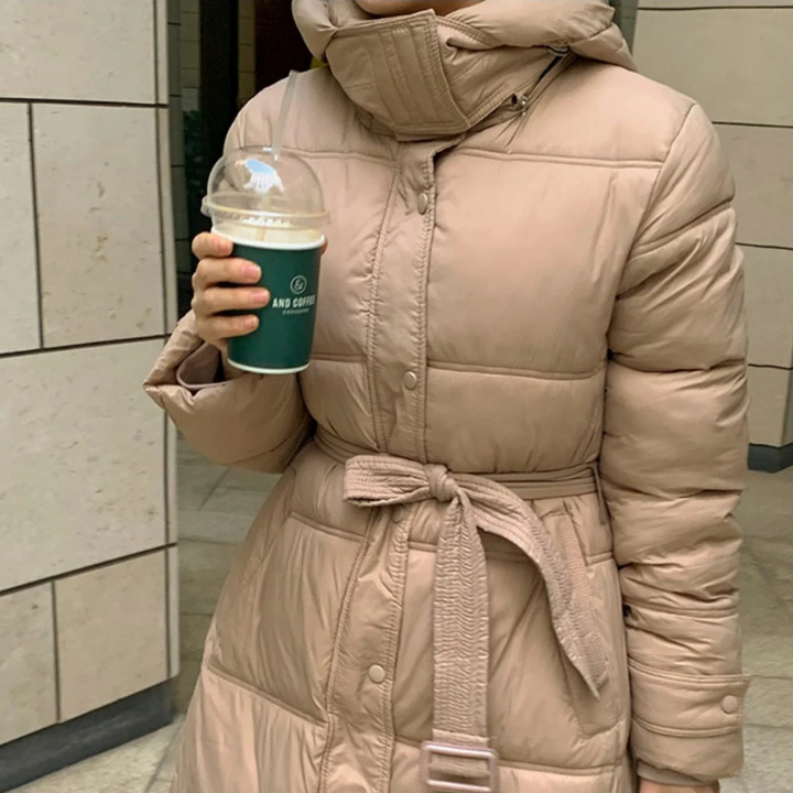 Women's Puffer Jacket with Oversized Collar and Waist Belt Tie