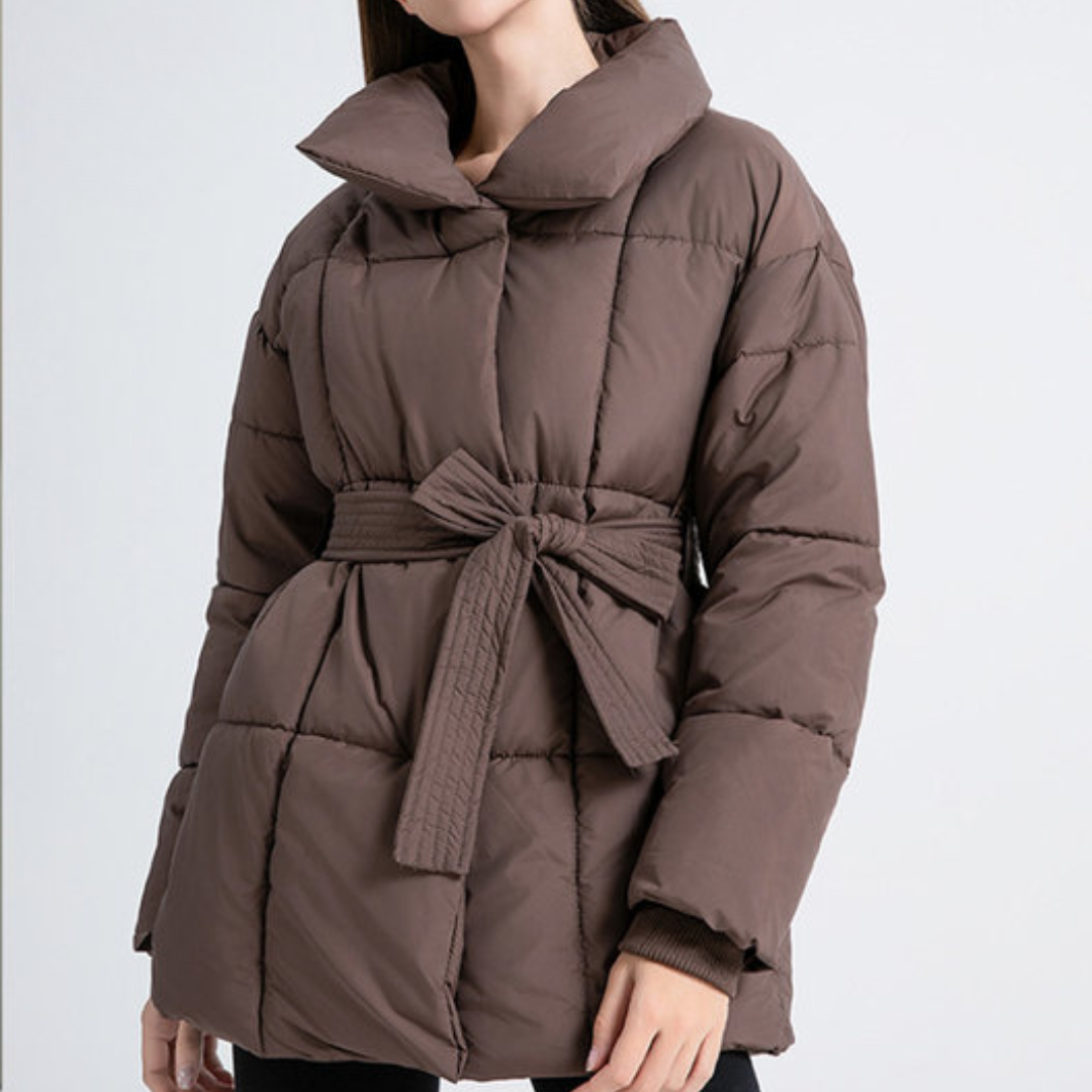 Women's Puffer Jacket with Oversized Collar and Waist Belt Tie