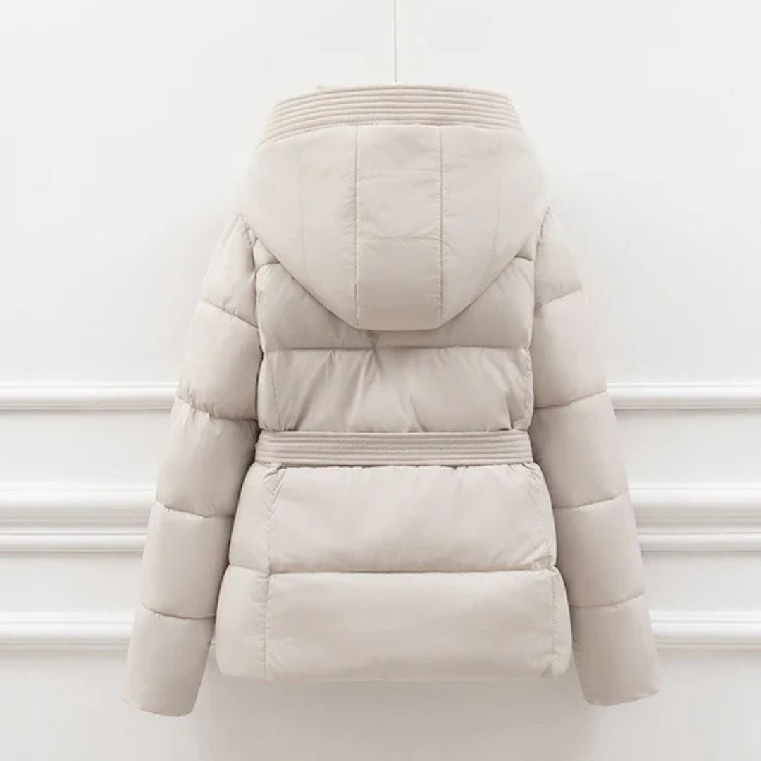 Women's Puffer Jacket with Oversized Collar and Waist Belt Tie