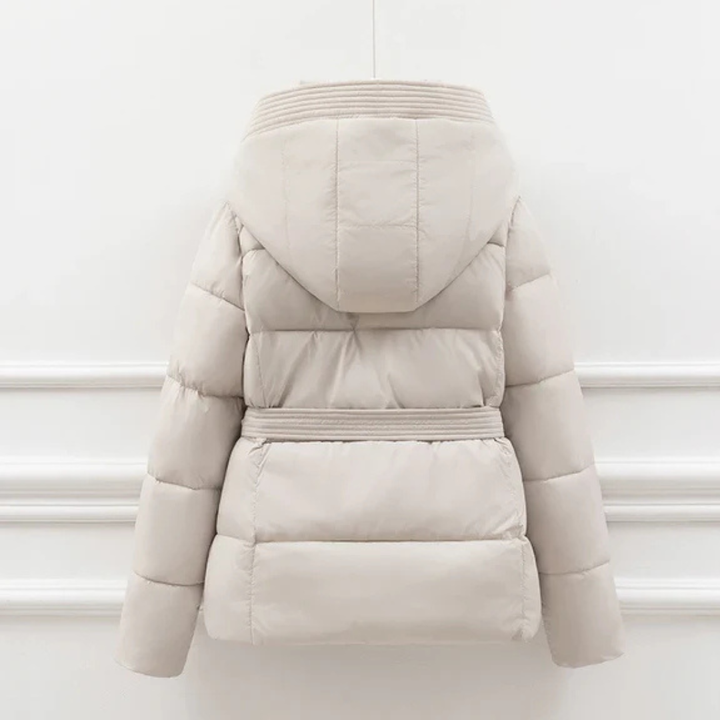 Women's Puffer Jacket with Oversized Collar and Waist Belt Tie