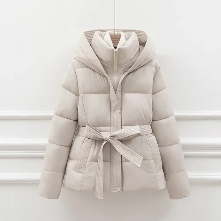 Women's Puffer Jacket with Oversized Collar and Waist Belt Tie