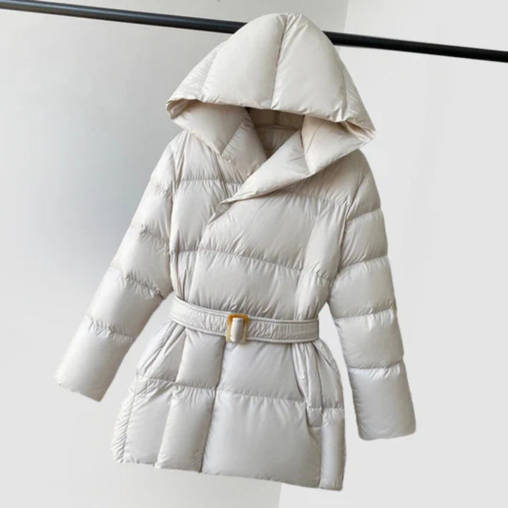 Women's Puffer Jacket with Oversized Hood and Waist Belt Closure