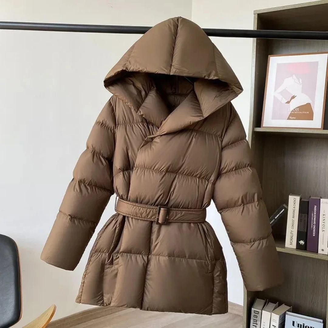 Women's Puffer Jacket with Oversized Hood and Waist Belt Closure