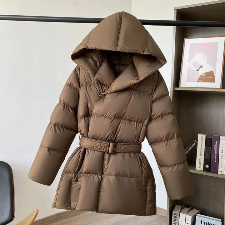 Women's Puffer Jacket with Oversized Hood and Waist Belt Closure