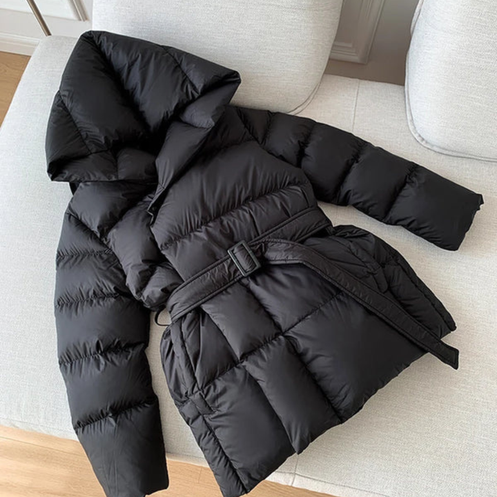 Women's Puffer Jacket with Oversized Hood and Waist Belt Closure