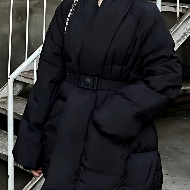 Women's Puffer Jacket with Wrap V-Neckline and Waist Belt Buckle