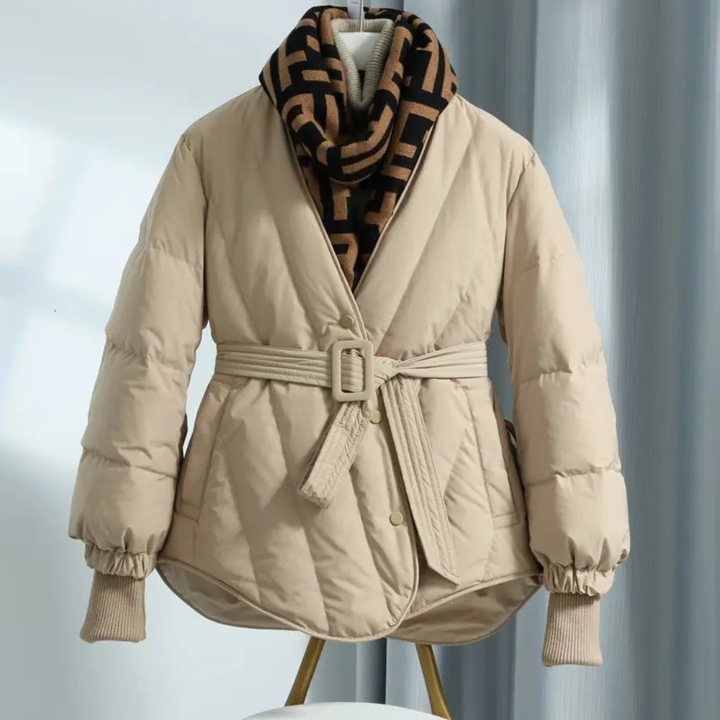Women's Puffer Jacket with Wrap V-Neckline and Waist Belt Closure