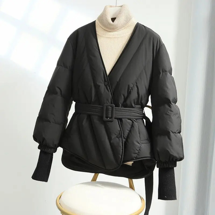 Women's Puffer Jacket with Wrap V-Neckline and Waist Belt Closure