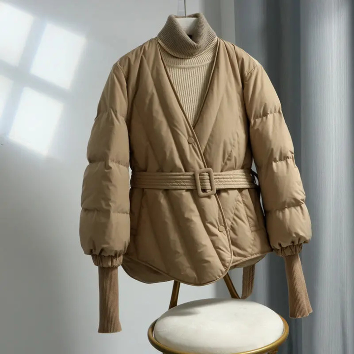 Women's Puffer Jacket with Wrap V-Neckline and Waist Belt Closure