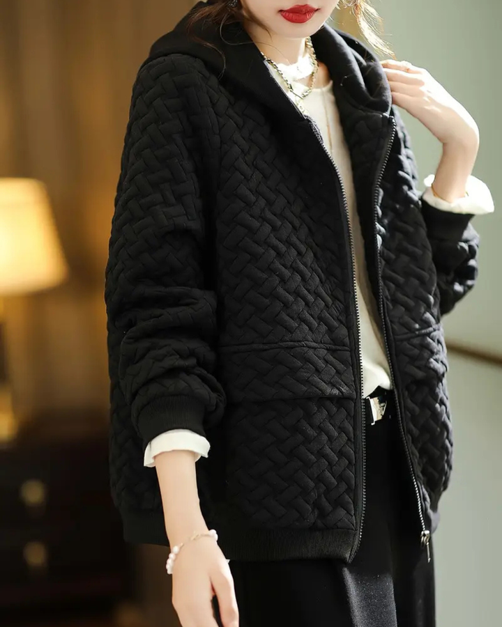 Women's Quilted Jacket with Basketweave Pattern and Contrast Hood