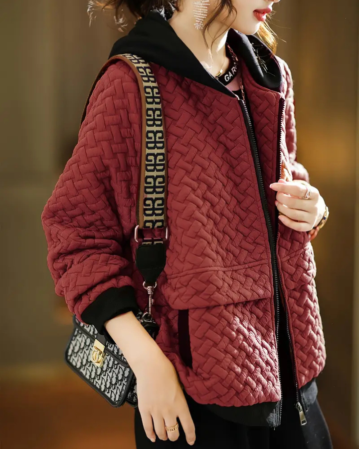 Women's Quilted Jacket with Basketweave Pattern and Contrast Hood