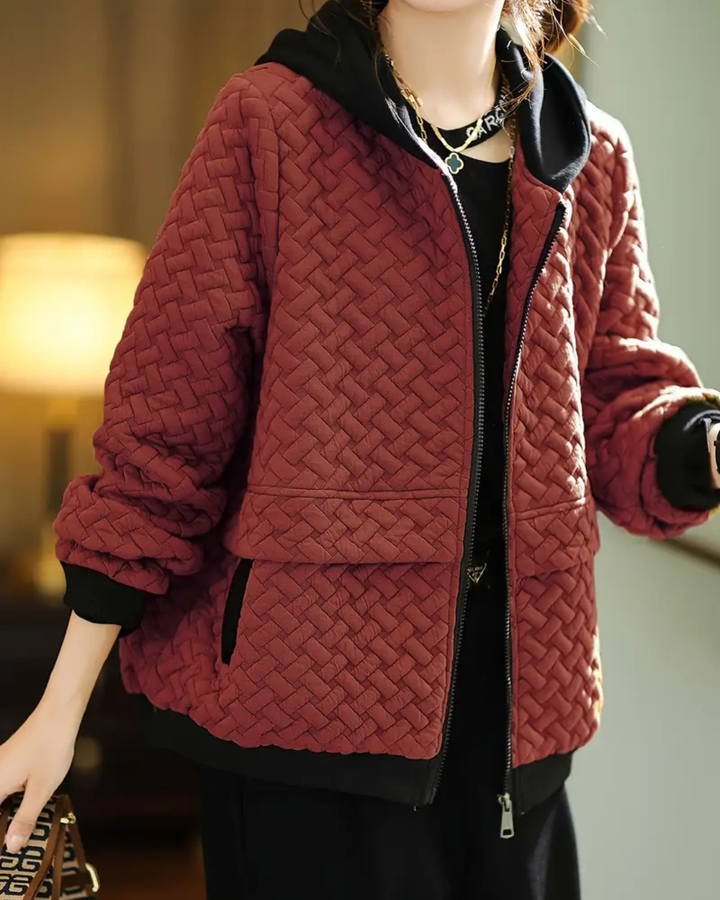 Women's Quilted Jacket with Basketweave Pattern and Contrast Hood