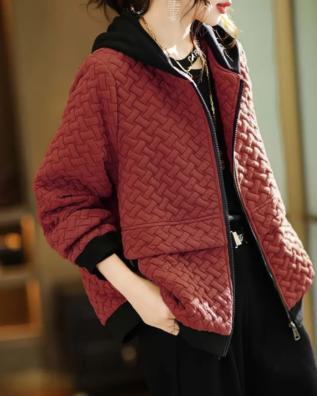 Women's Quilted Jacket with Basketweave Pattern and Contrast Hood