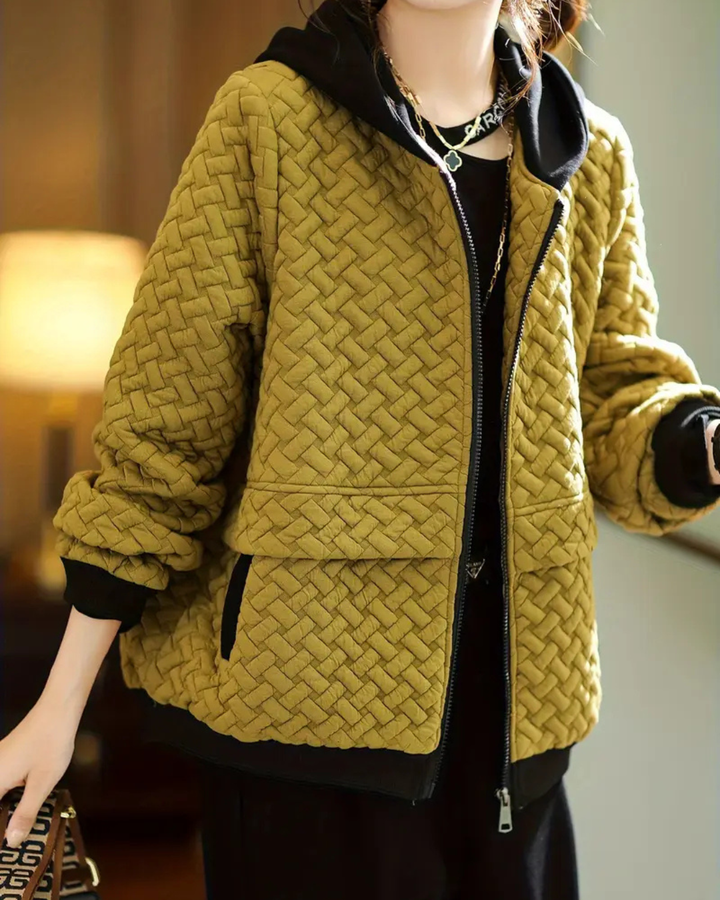 Women's Quilted Jacket with Basketweave Pattern and Contrast Hood