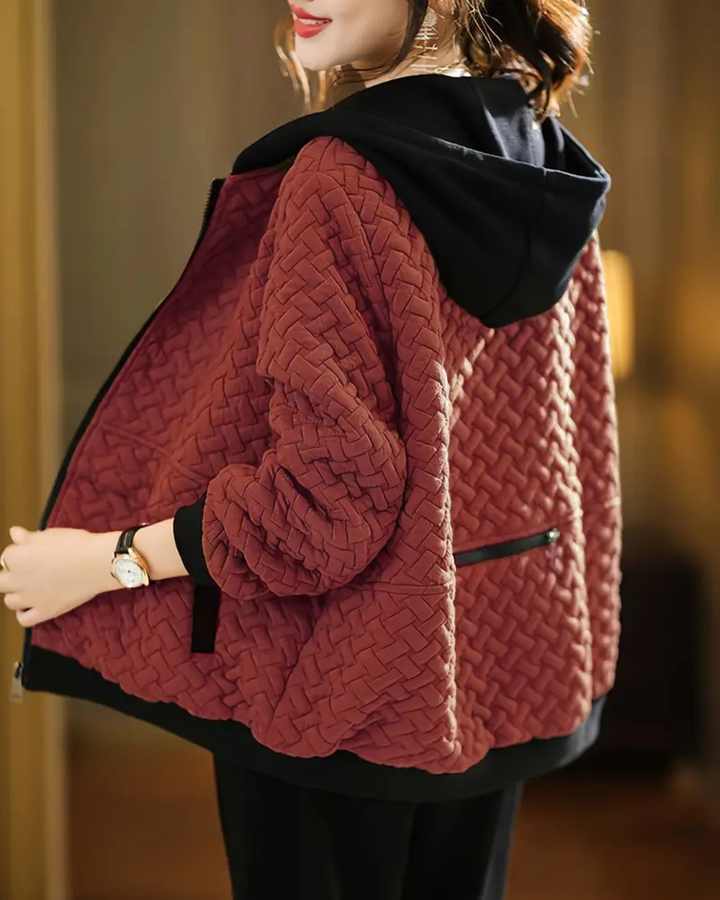 Women's Quilted Jacket with Basketweave Pattern and Contrast Hood