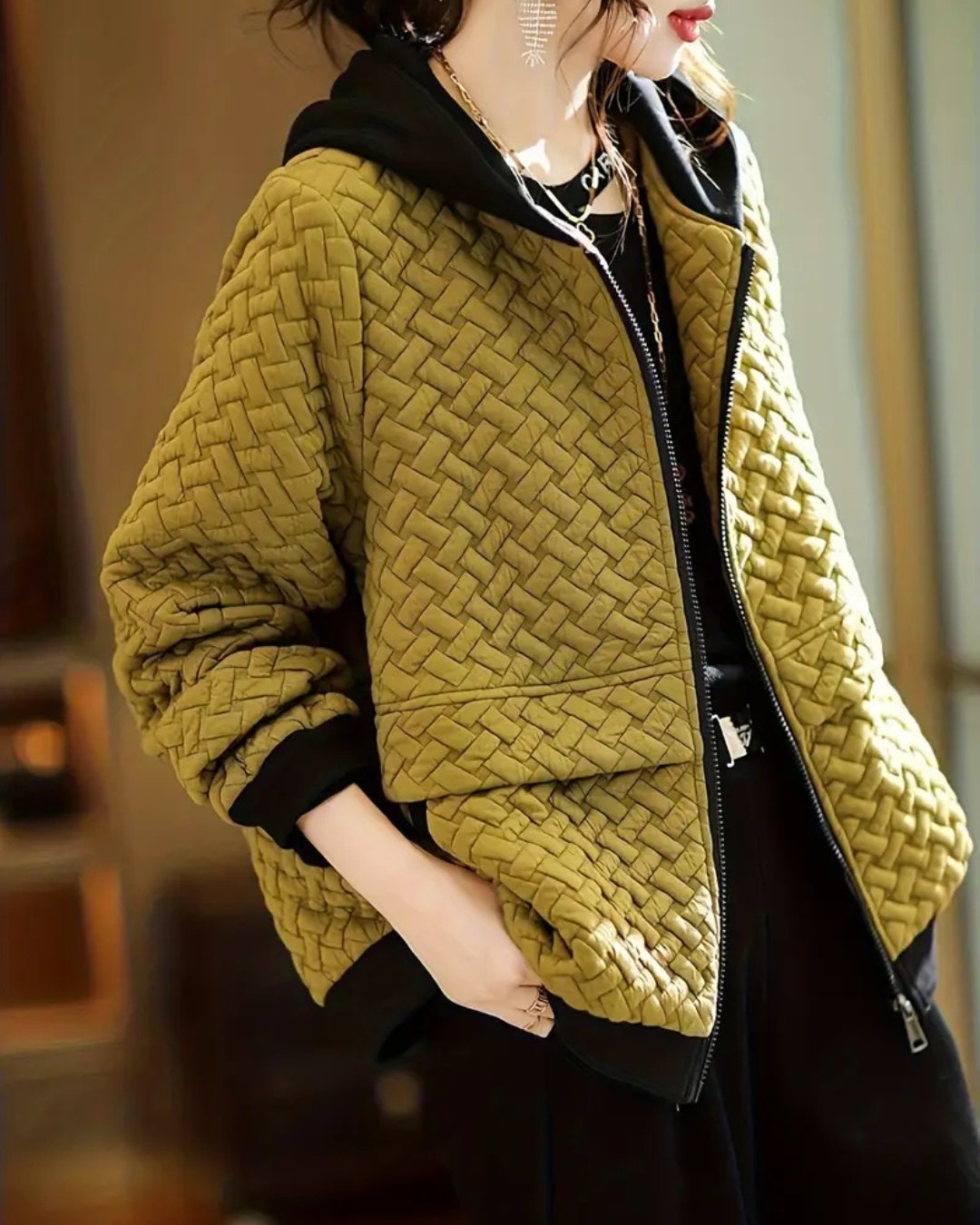 Women's Quilted Jacket with Basketweave Pattern and Contrast Hood