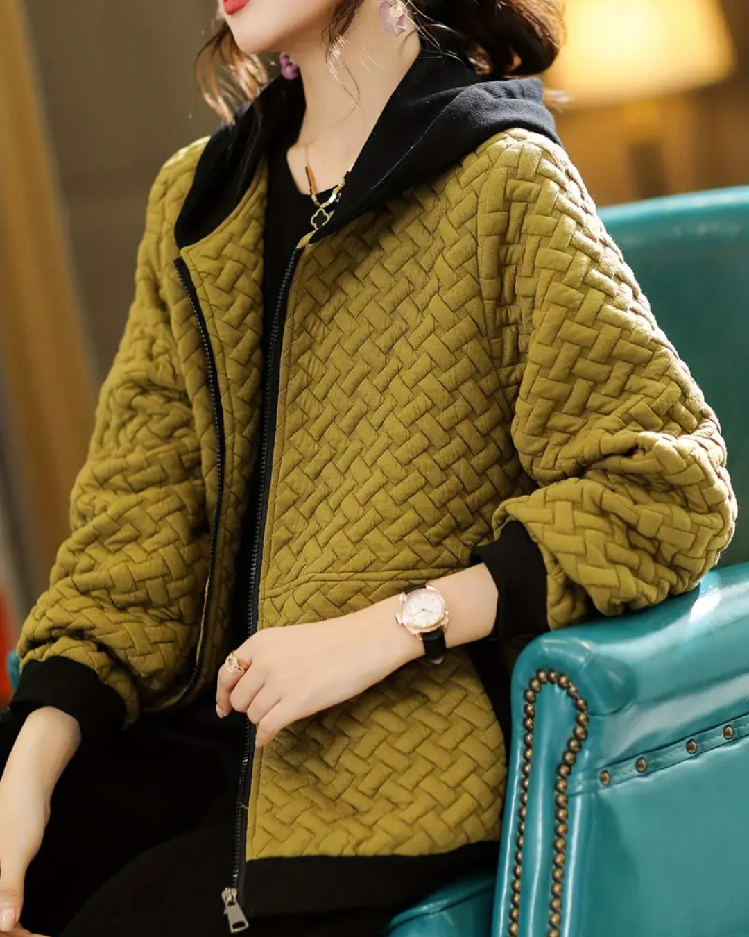 Women's Quilted Jacket with Basketweave Pattern and Contrast Hood