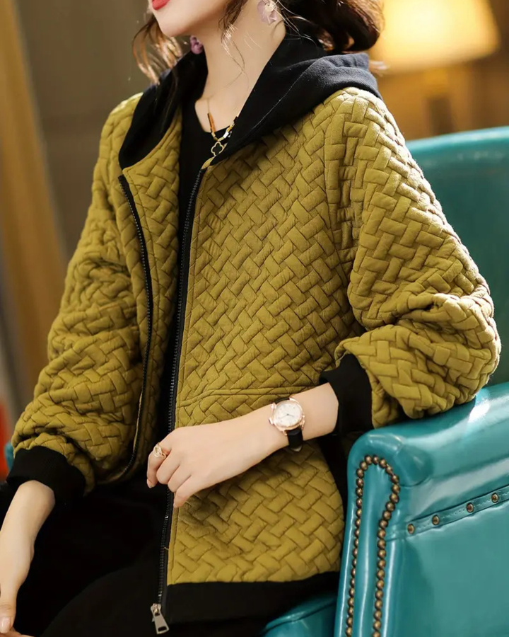Women's Quilted Jacket with Basketweave Pattern and Contrast Hood