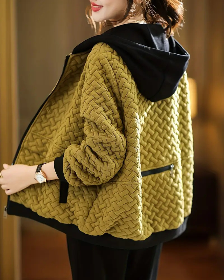 Women's Quilted Jacket with Basketweave Pattern and Contrast Hood