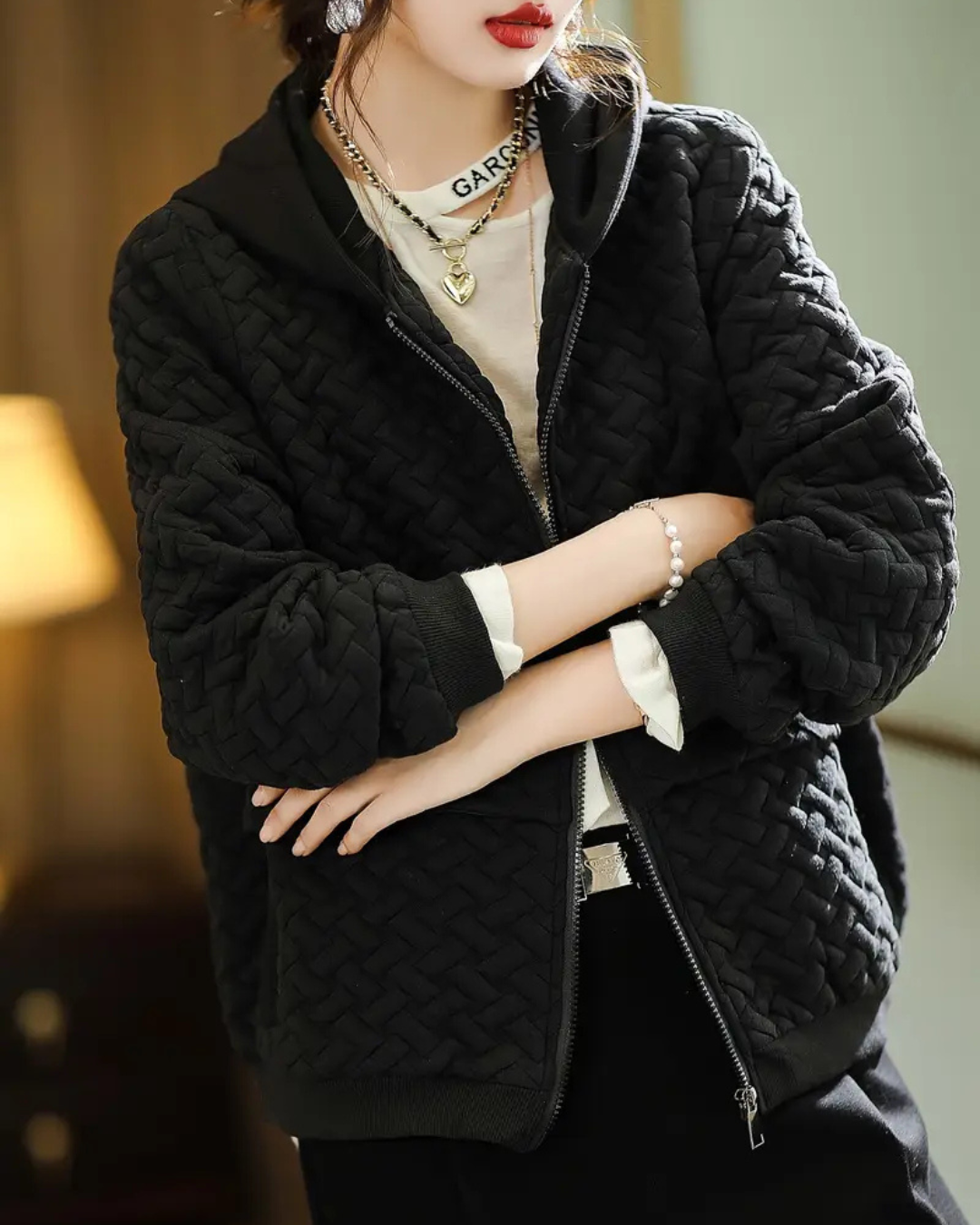 Women's Quilted Jacket with Basketweave Pattern and Contrast Hood