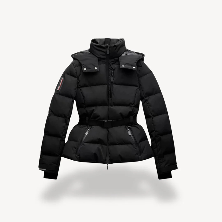 Women's Quilted Puffer Jacket with Belt and Stand Collar