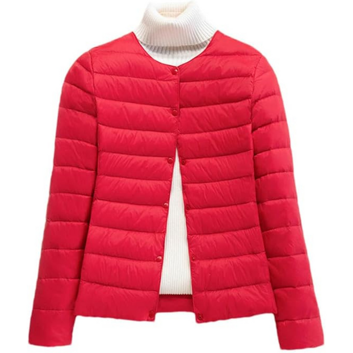 Women's Quilted Puffer Jacket with Round Neckline and Snap Button Closure
