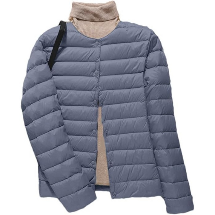 Women's Quilted Puffer Jacket with Round Neckline and Snap Button Closure