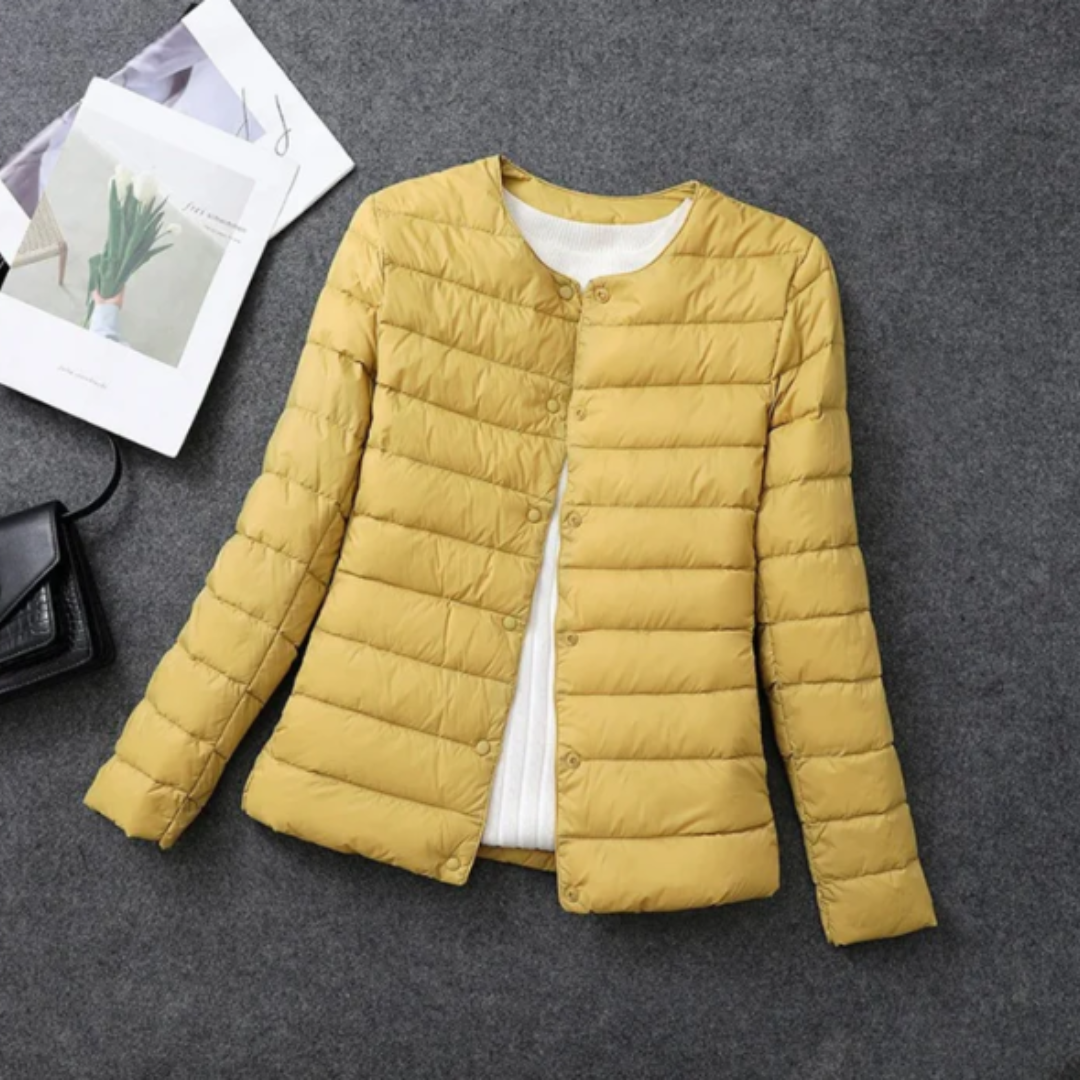 Women's Quilted Puffer Jacket with Round Neckline and Snap Button Closure