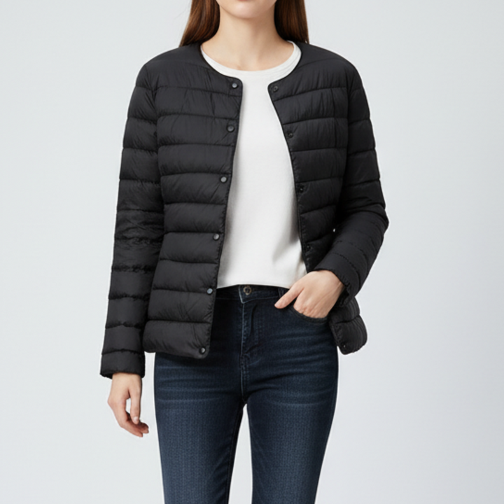 Women's Quilted Puffer Jacket with Round Neckline and Snap Button Closure