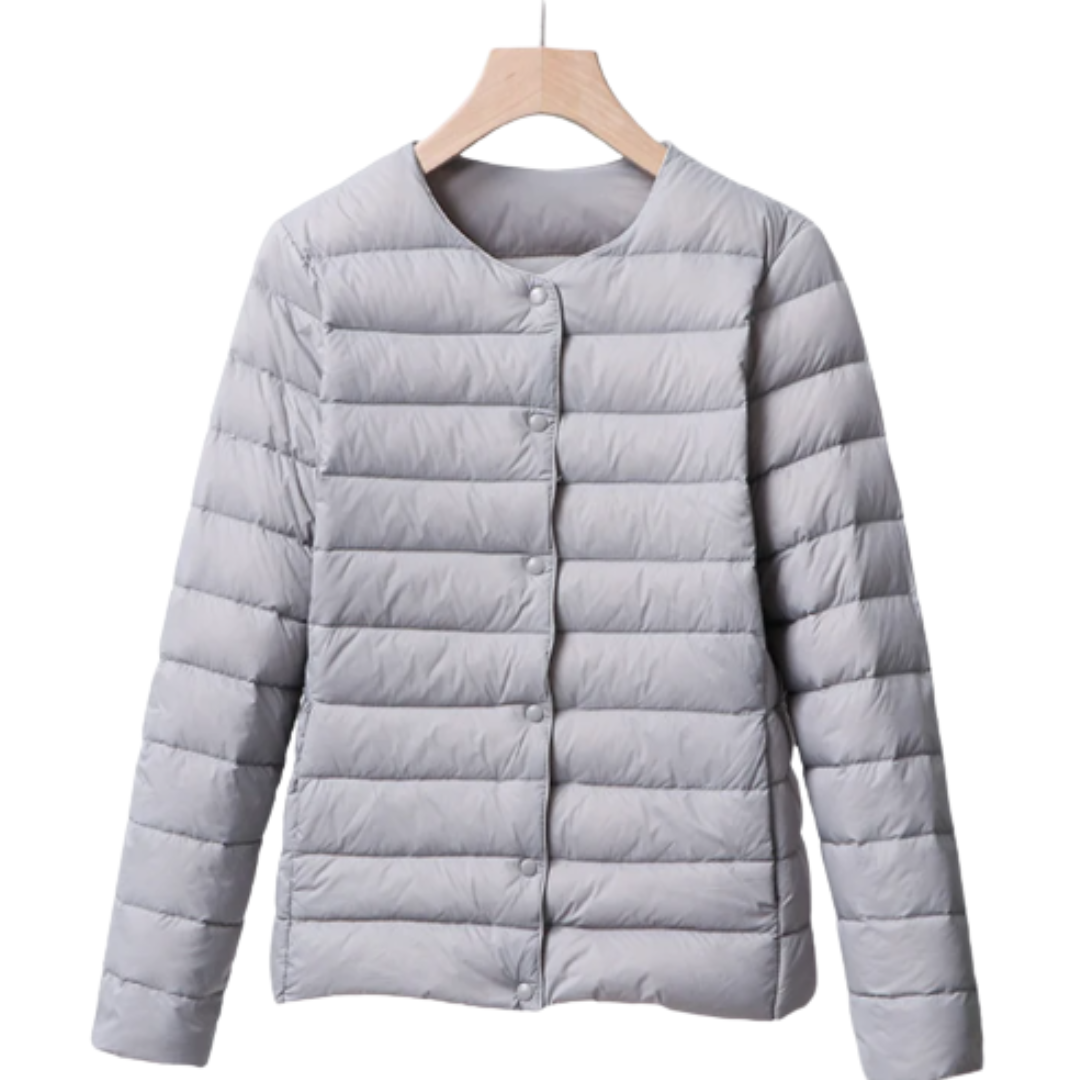 Women's Quilted Puffer Jacket with Round Neckline and Snap Button Closure