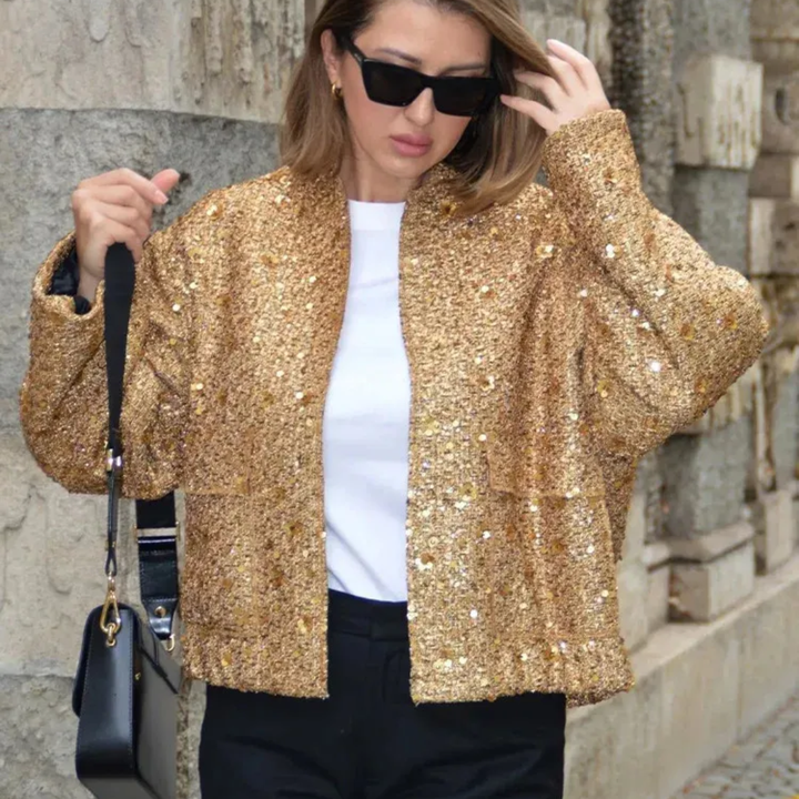 Women's Sequin Bomber Jacket with Zip Front and Ribbed Trim