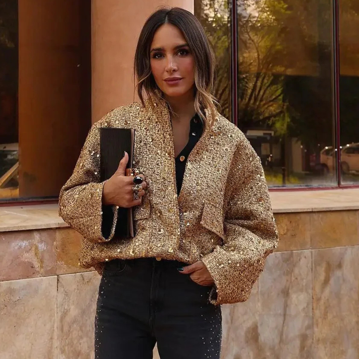 Women's Sequin Bomber Jacket with Zip Front and Ribbed Trim